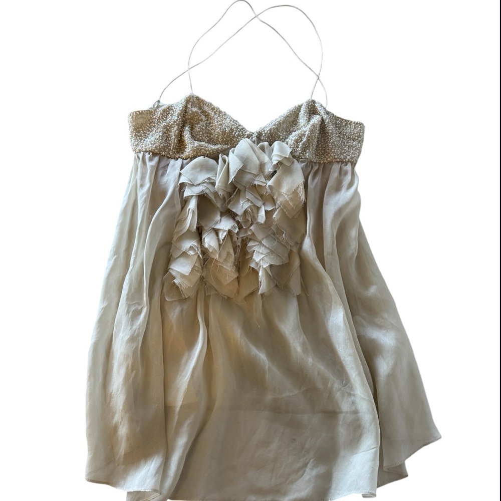 Brian Reyes Beaded Bustier Cream Sheer Ruffle 100% Silk Strappy Tank Top Size 2